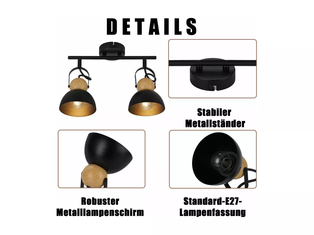 NETTLIFE Spot de plafond 2 flammes vintage noir E27 orientable 350° lampe de couloir rétro métal industriel