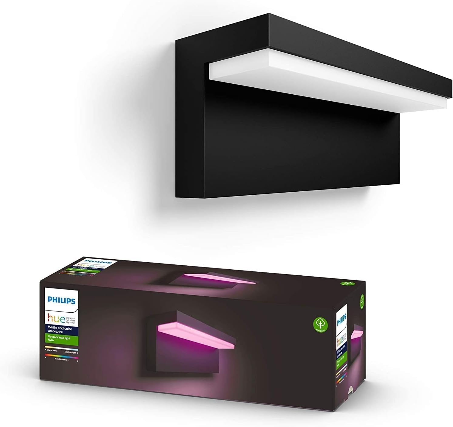 Philips Hue White & Color Ambiance Nyro Wandleuchte Outdoor (1.020 lm), dimmbare Leuchte für das Hue Lichtsystem mit 16 Mio. Farben, smarte Lichtsteuerung über Sprache oder App, silber