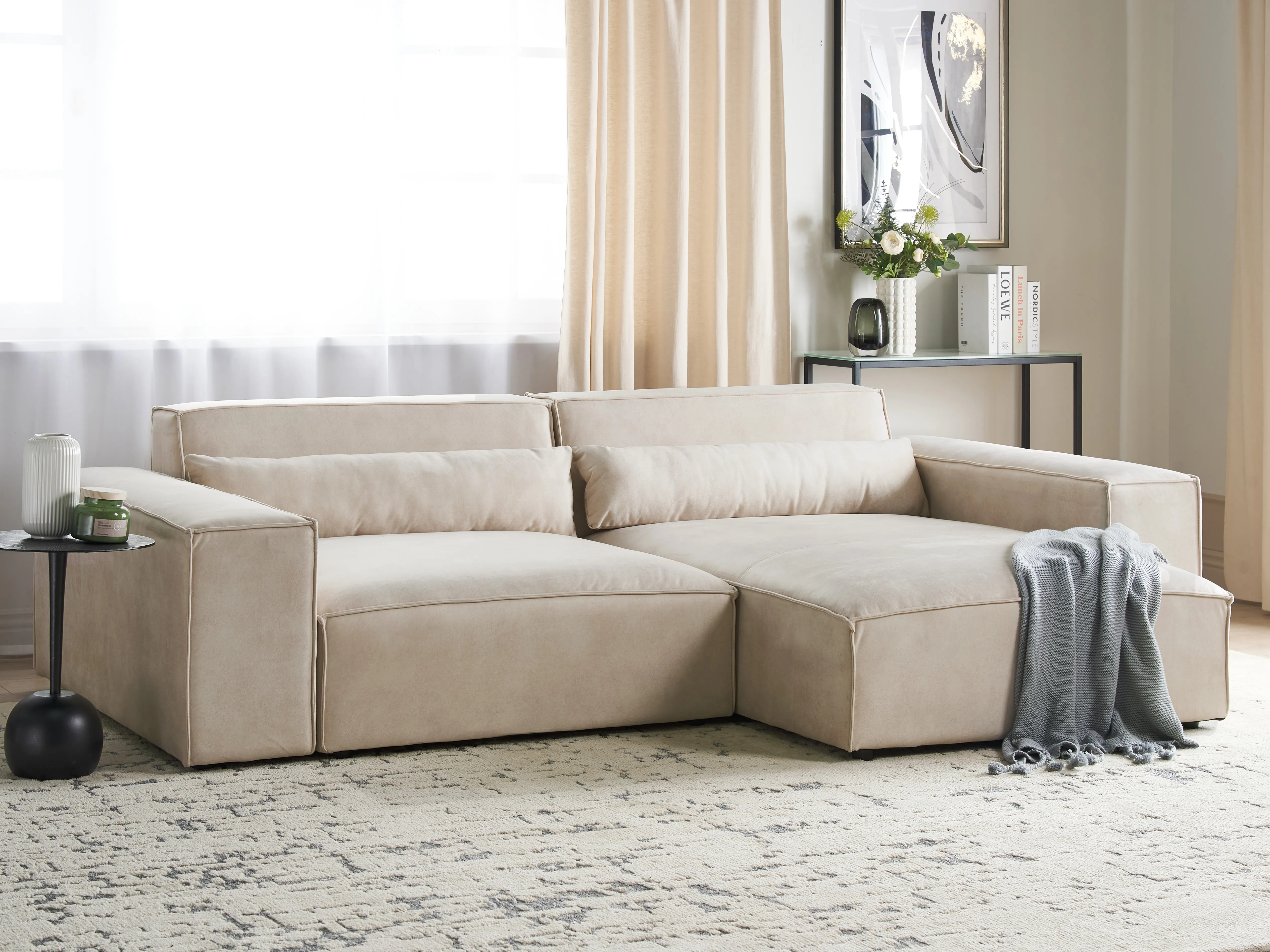 Modulaire hoekbank 2-zits HELLNAR Fluweel Lichtbeige linkszijdig