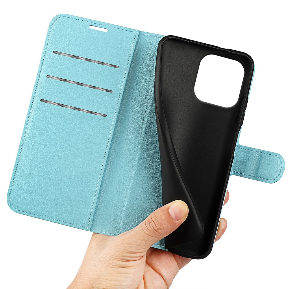 iPhone 16 Pro Max Leder Tasche Flip Cover Litchi Look - Blau