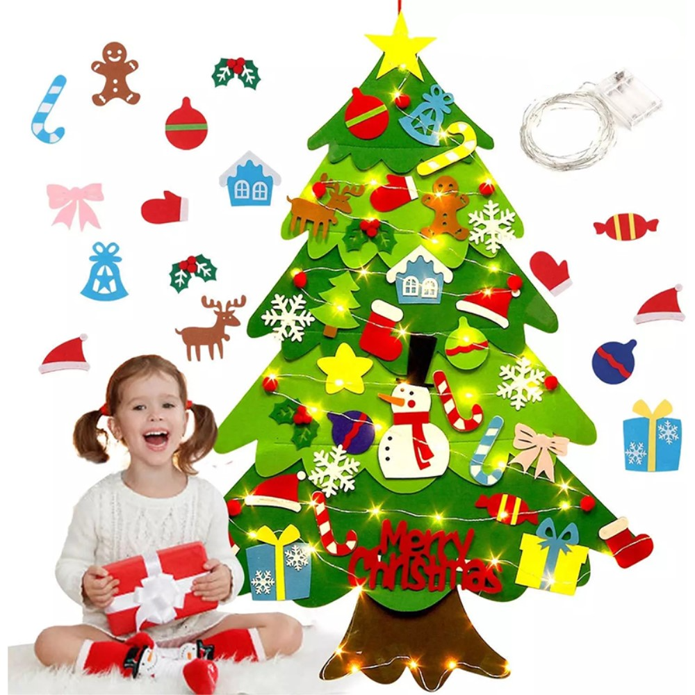 (34-tlg. Set) 98x70cm Kinder Spielzeug Christmas Tannenbaum Wand Deko Filz Weihnachtsbaum   Klett Figuren   LED Lichterkette