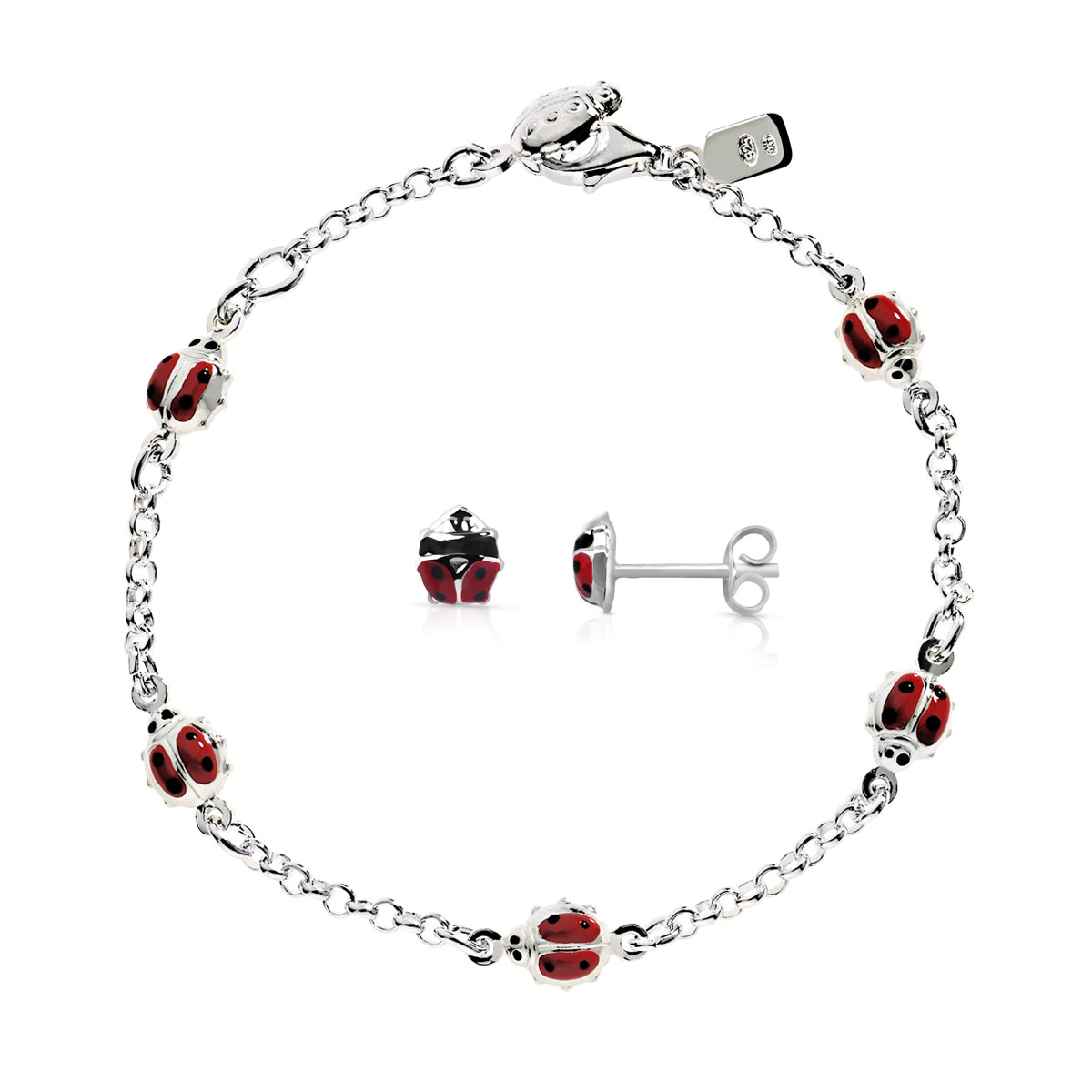 Parure bracelet 17 cm et boucles d'oreilles argent 925 coccinelles