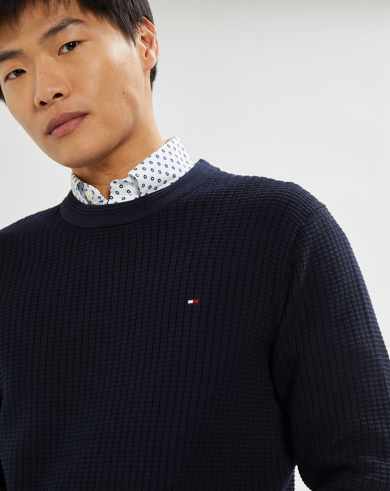 Tommy Hilfiger Pull Grid Structure col rond bleu marine