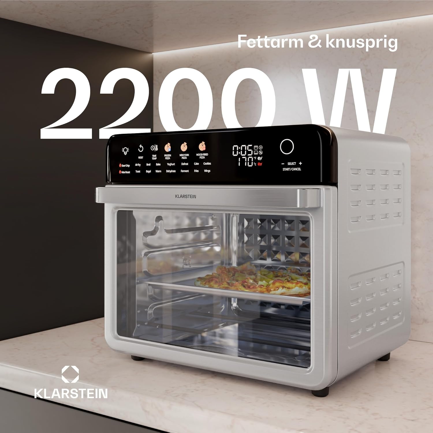 Klarstein AirGlaze Digital Colour Heißluftfritteuse – 34 L, 2200 W, 19 Programme, Drehspieß, Touch Display, 40-350 °C, Pizzastein & Grillroste, Edelstahl, Doppelt Verglaste Tür, Schwarz
