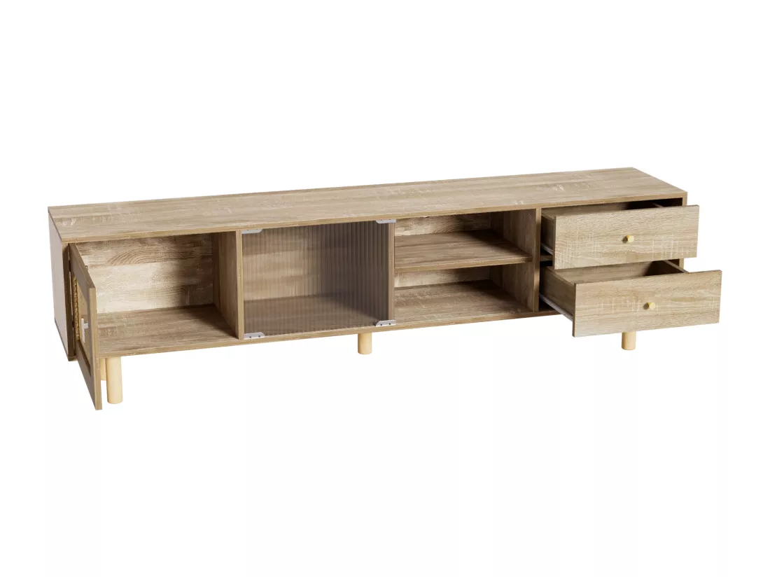 Meuble TV en anneaux de particules - 1 porte & 2 tiroirs & 3 compartiments - Naturel