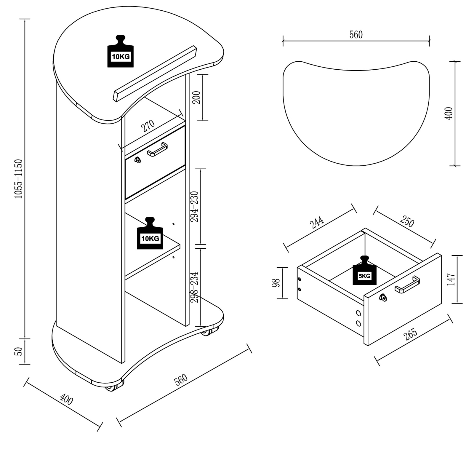 Stehpult REDOLA M - Beton - 110 cm hoch