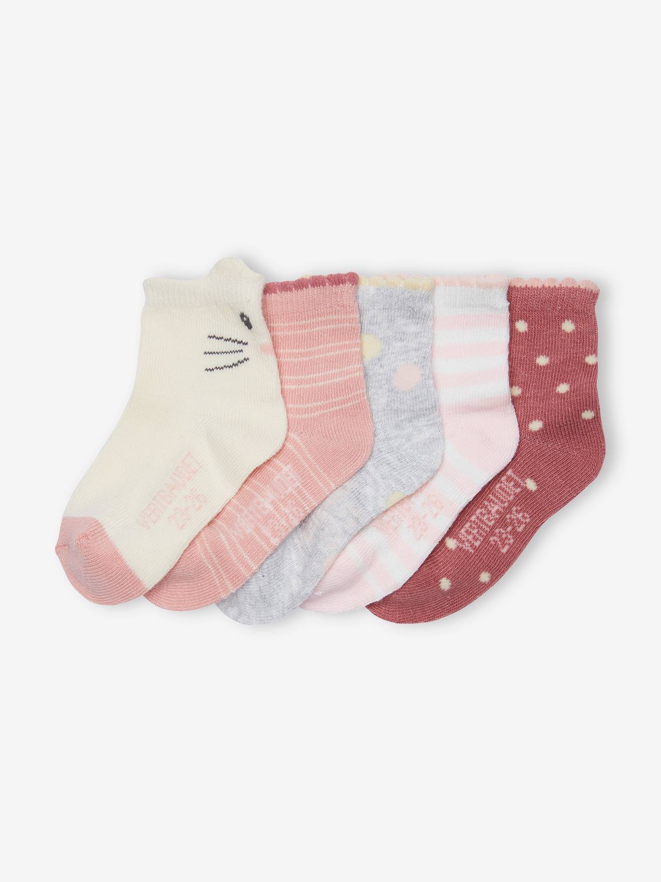 Pacote com 5 pares de meias elegantes para bebê menina, rosa antigo