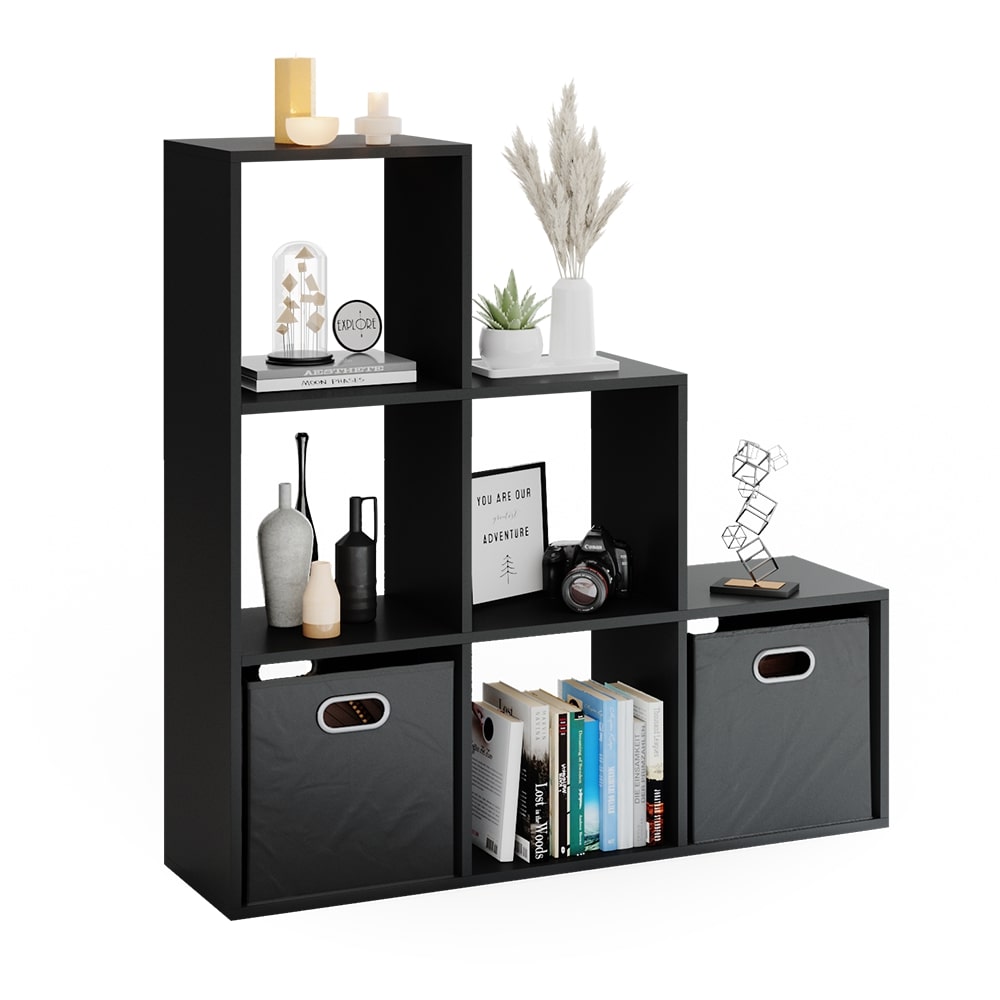 VICCO Treppenregal 6 Fächer Schwarz- Raumteiler Stufenregal Bücherregal Büroregal Standregal