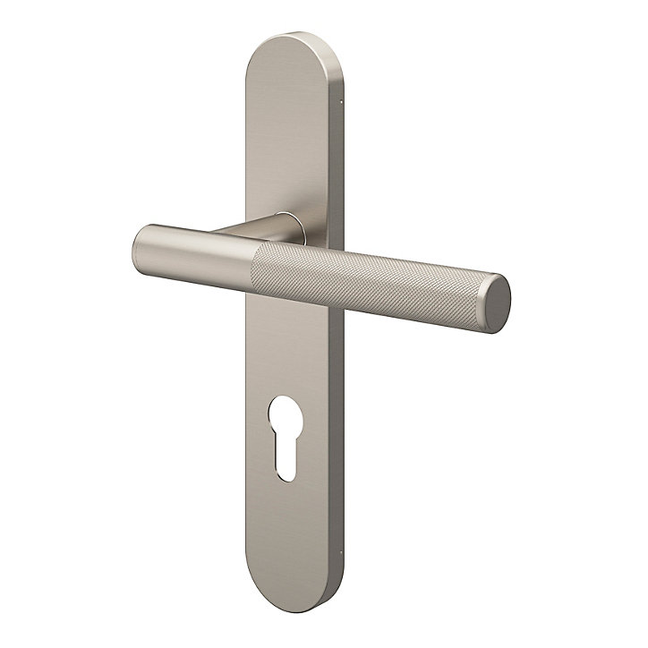 Ensemble poignée sur plaque rondcylindre GoodHome Irus effet nickel satin gris L.150mm x l.42mm entraxe 165-195mm