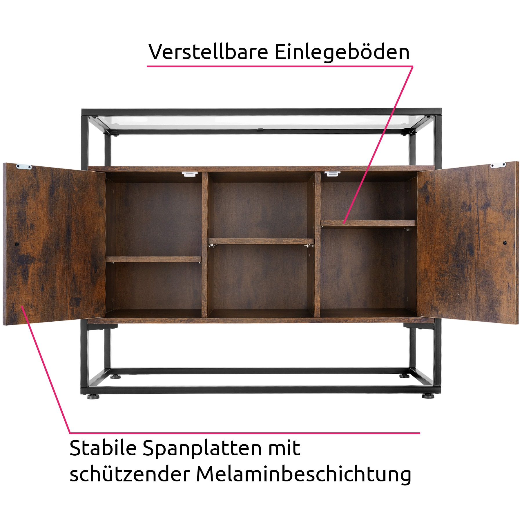 tectake® Sideboard, Industrial Style, Glasplatte, offenes Fach, 2 Staufächer mit Magnettüren und 3 Einlegeböden, 100 x 38 x 80,5 cm