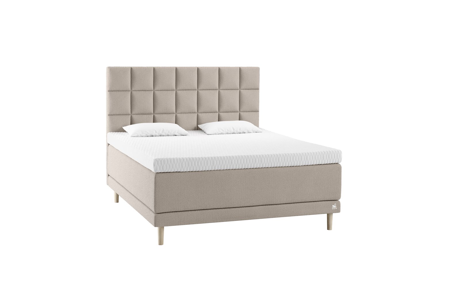 Zenon kontinentalseng Tekstil Dream Grey, Integrert overmadrass og Pinleg 19cm Oak