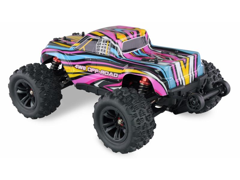Amewi Monster Truck Hyper GO Brushless 4WD, Blau/Rot, 1:16, Off-Road RC Modellauto mit Allradantrieb und 45 km/h Höchstgeschwindigkeit
