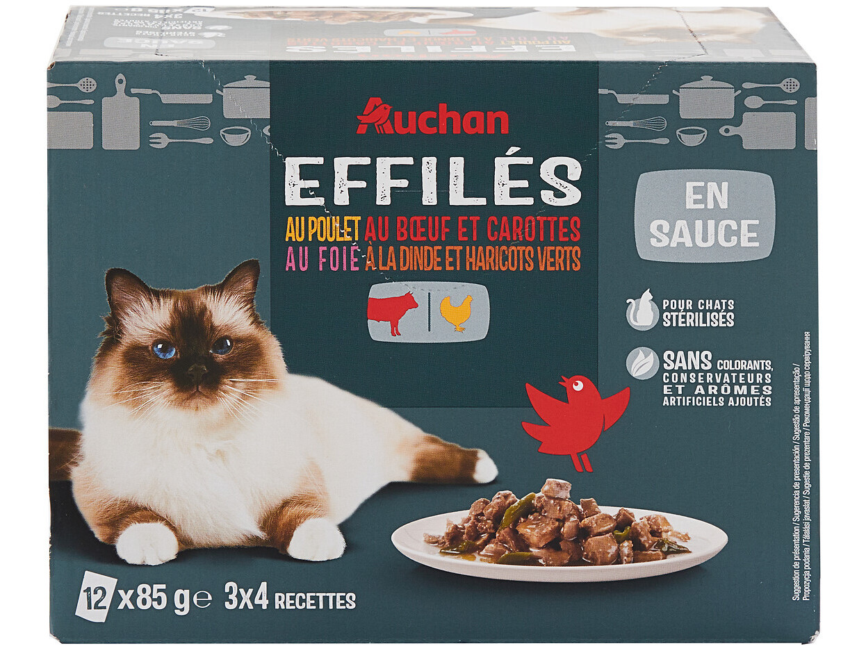 COMIDA HÚMIDA PARA GATO AUCHAN ESTERILIZADO SAQUETAS CARNES 12X85G