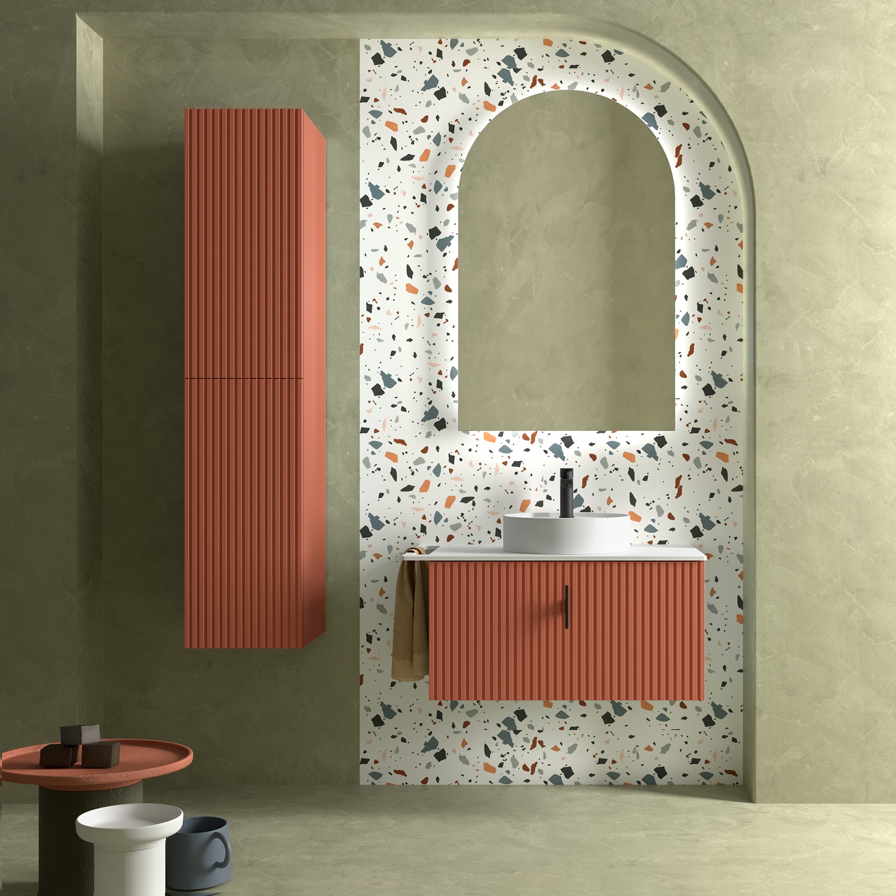 Muebles Raya onderkast ribbelfront 90cm met 1 softclose lade en binnenlade terracotta
