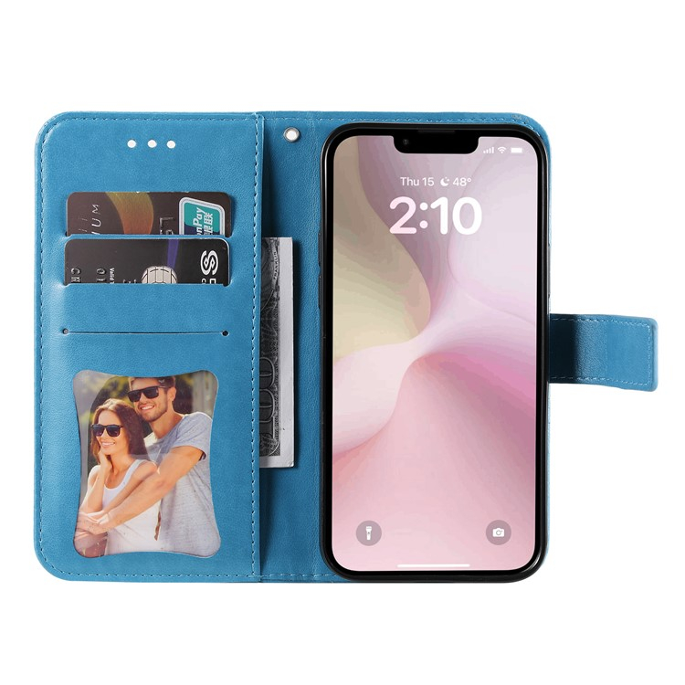 iPhone 16e Leder Tasche Wallet - Mandala Flowers Imprint - Blau