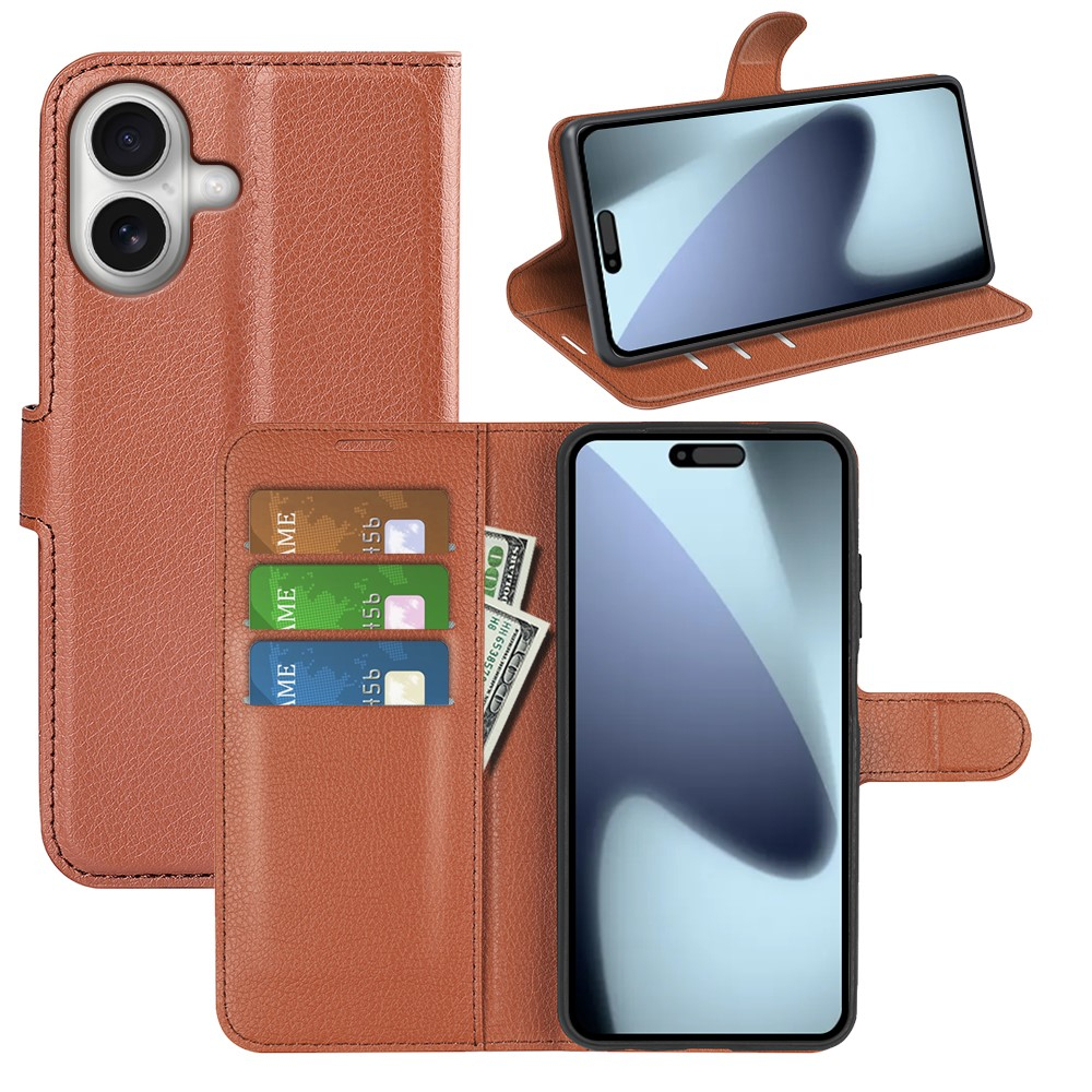 iPhone 17 Leder Tasche Flip Cover Litchi Look - Braun