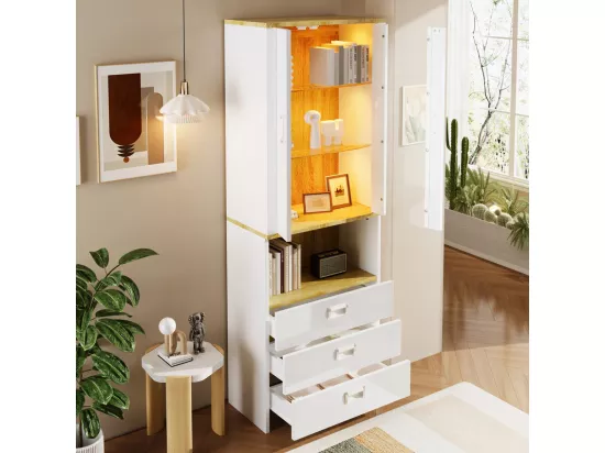 Vitrine avec LED intégré, 3 tiroirs, 2 portes, 1 niche - MDF et Panneau de particules - 65x35x181.5cm