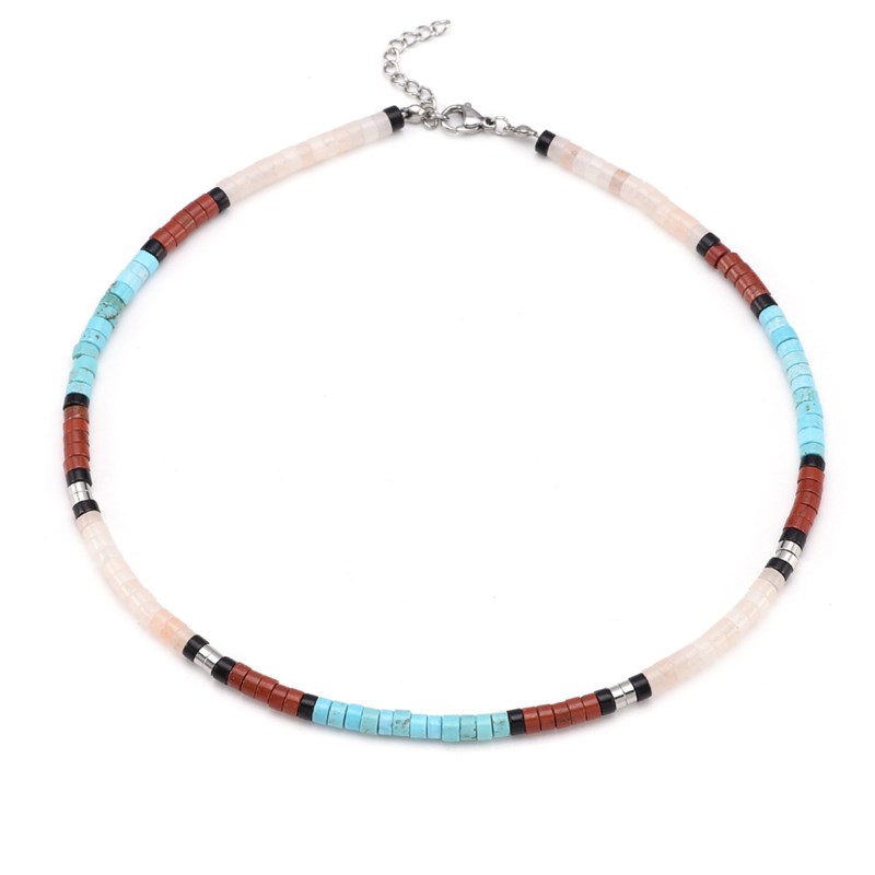 Collier Perles Heishi Agate Jaspe Turquoise & Quartz-38 cm