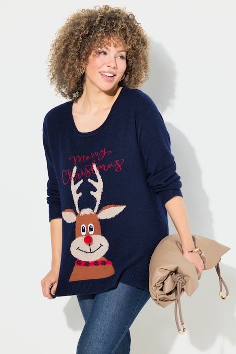 Weihnachtspullover, Rentier, Rundhals, Langarm