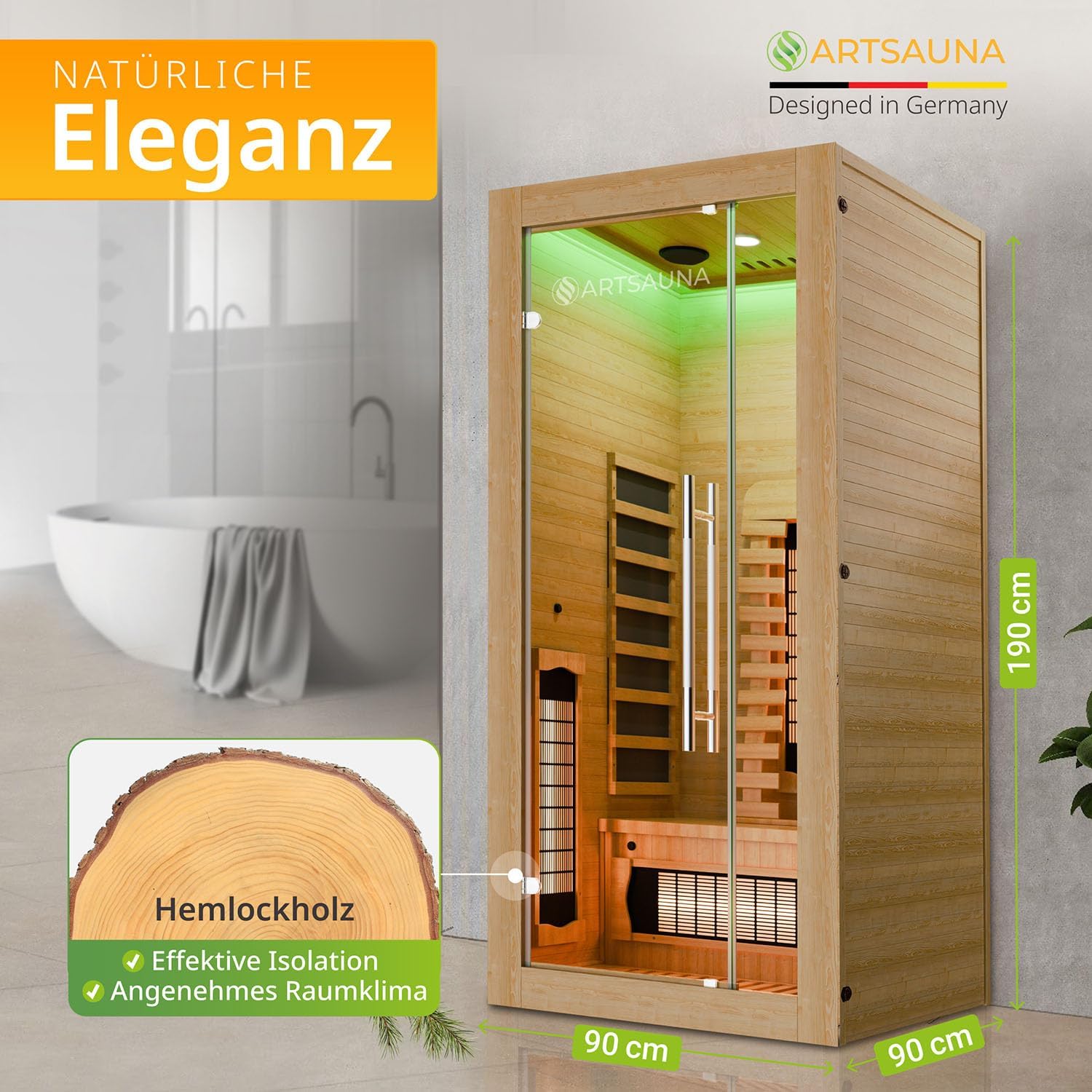 Artsauna Infrarotkabine Kiruna90 Premium mit Vollspektrum- & Flächenstrahler, 1 Person, 90x90x190 cm, LED Farblicht & Glastür, Infrarotsauna Sauna - Rückenstrahler dimmbar