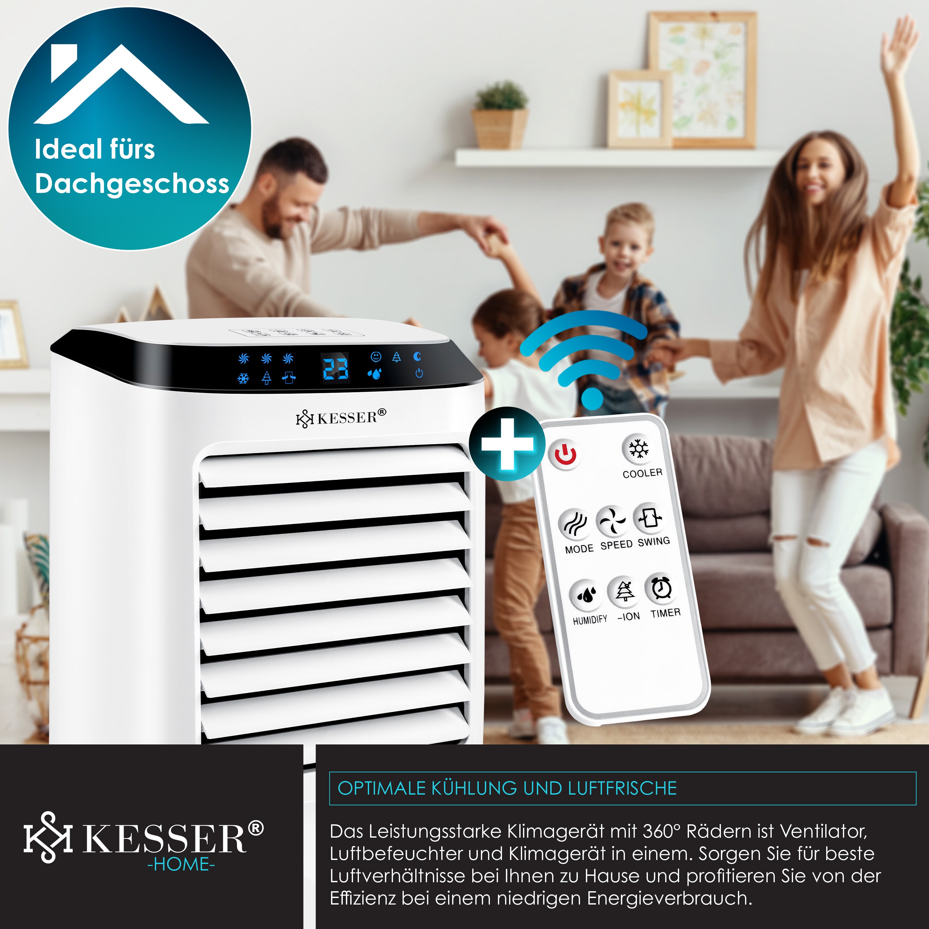 KESSER® 4in1 Mobile Klimaanlage | Fernbedienung | Klimagerät | Ventilator Klimaanlage | 10 L Tank | Timer | 3 Stufen | Ionisator Luftbefeuchter | Luftkühler |