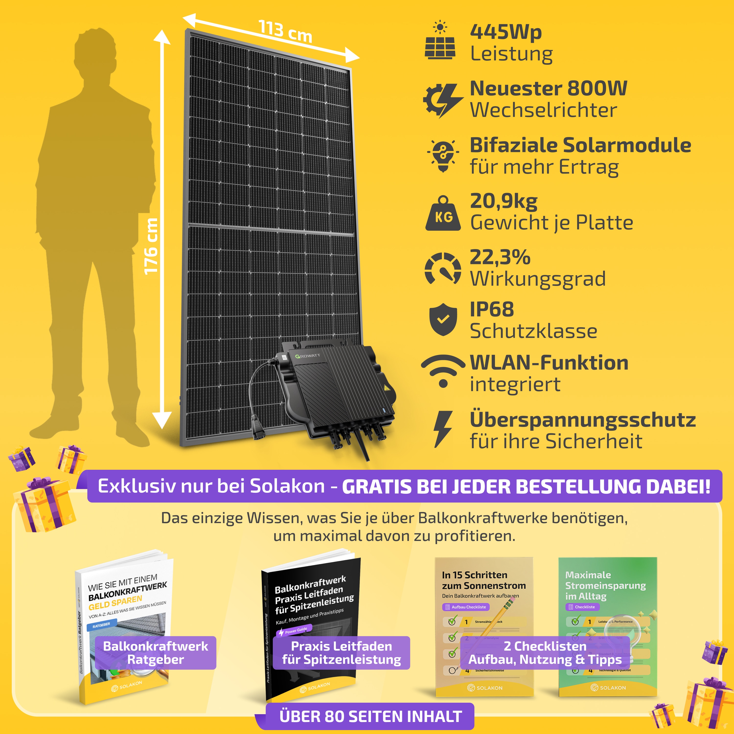 Balkonkraftwerk 890W/800W Solaranlage mit Garten Halterung Steckerfertig Komplettset Photovoltaik Anlage 800W, Kabellänge: 5m, Solakon - onLite