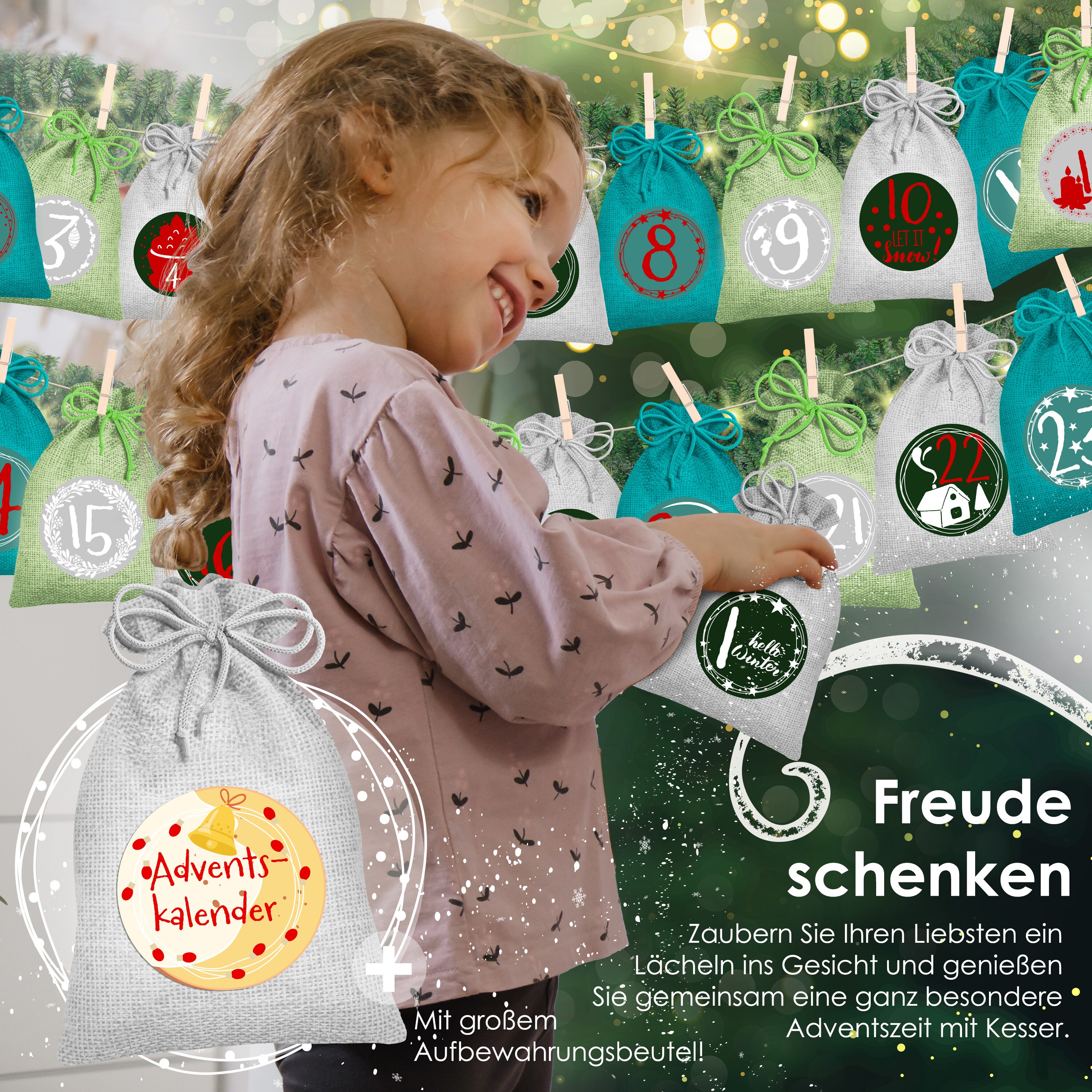 KESSER® Adventskalender zum Befüllen 24 Jutebeutel Gedruckte Stoffbeutel Kinder Weihnachtskalender zum Selber Befüllen Inkl.. 24x Schildchen + 1 Großer Aufbewahrungsbeutel Stoff