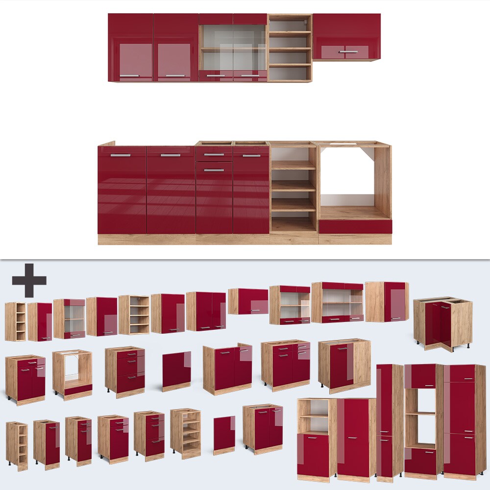 Vicco Küchenzeile Küchenblock Einbauküche R-Line 240 cm Eiche Bordeaux Hochglanz