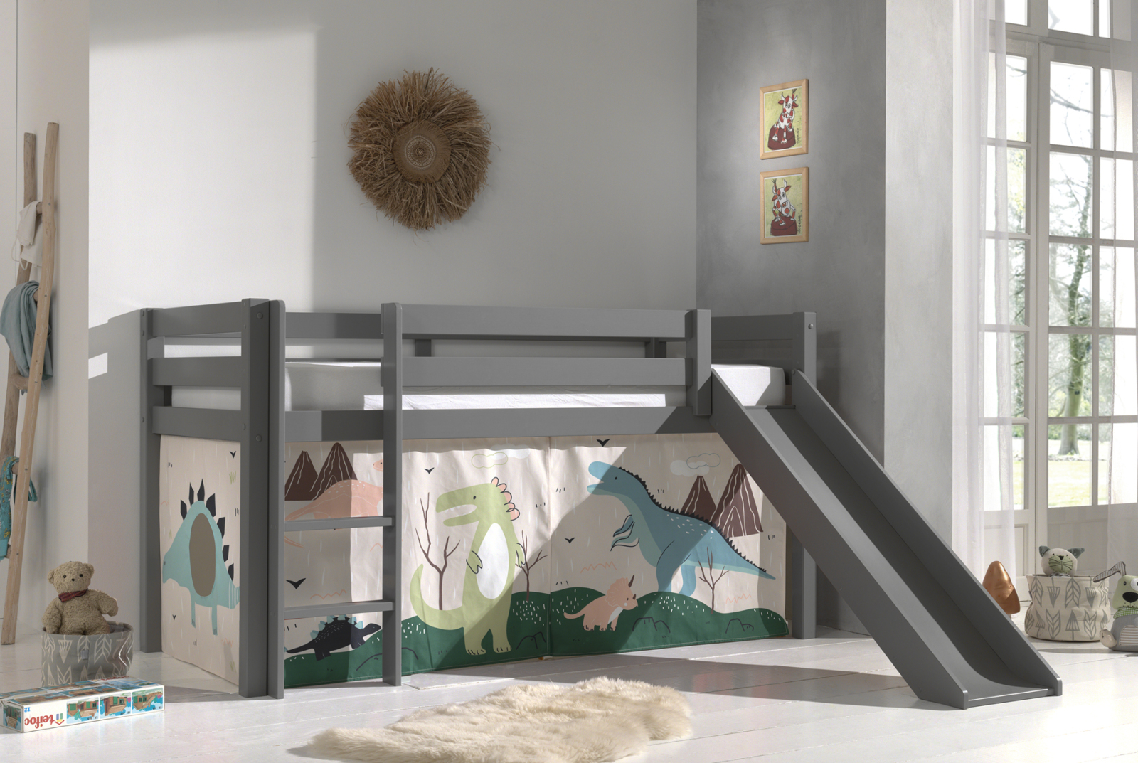 Halbhochbett PINO - DINOSAURIER - Kiefer grau Massivholz - mit Rutsche - 90x200 cm