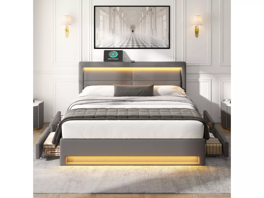 Lit rembourré 140 x 190 cm avec port USB (supporte le chargement sans fil et filaire), avec éclairage LED et quatre tiroirs de rangement, gris