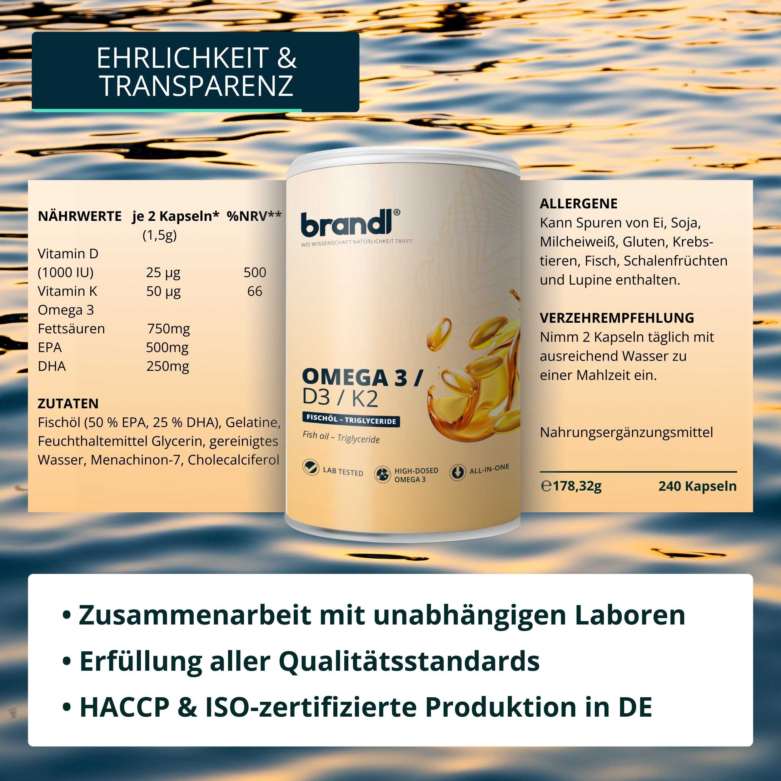 brandl® Omega 3 D3 K2 Kapseln aus Fischöl | EPA DHA im 2:1 Verhältnis