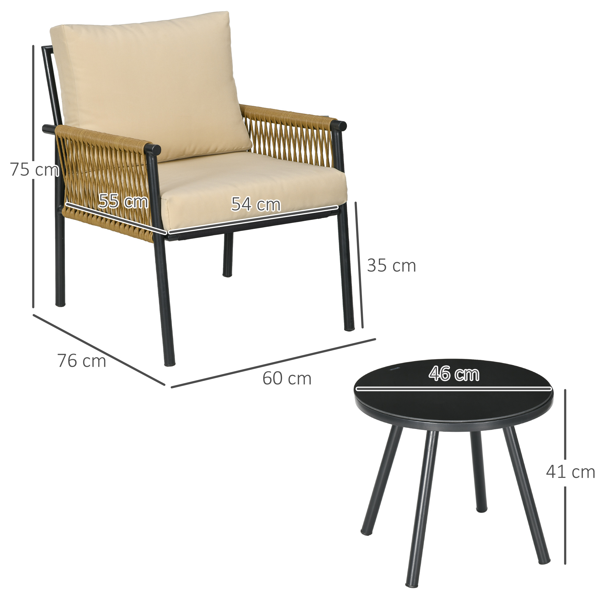 Conjunto de mesa e cadeiras para jardim externo Outsunny, 3 peças, em rattan, com 2 cadeiras e 1 mesa de centro em vidro temperado para pátio, gramado e varanda, nas cores preto e bege.