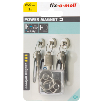 Magneet sleutelhanger Neodymium zilver 20mm 2 stuks