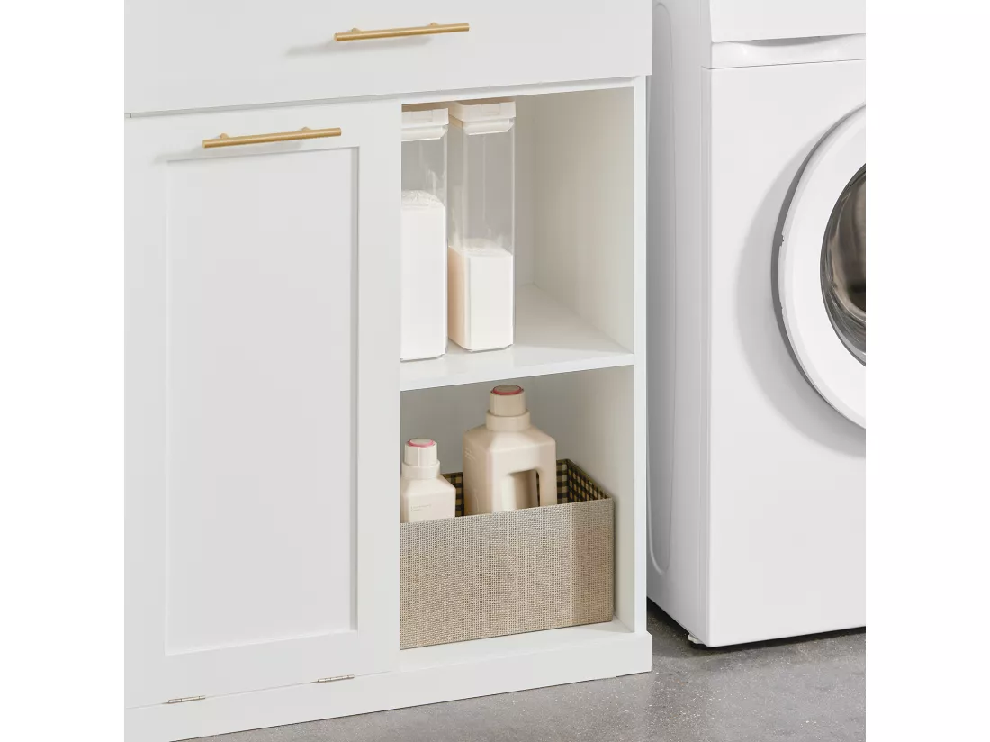 Armoire À Linge Avec Bac À Linge Pliable Meuble Bas Commode Pour Salle De Bain, BZr66-w