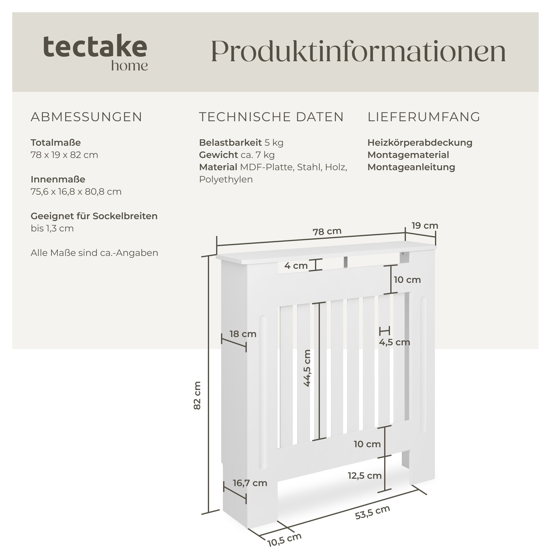 tectake® Heizkörperabdeckung, verschiedene Größen, robuste MDF-Platte, optimale Luftzirkulation