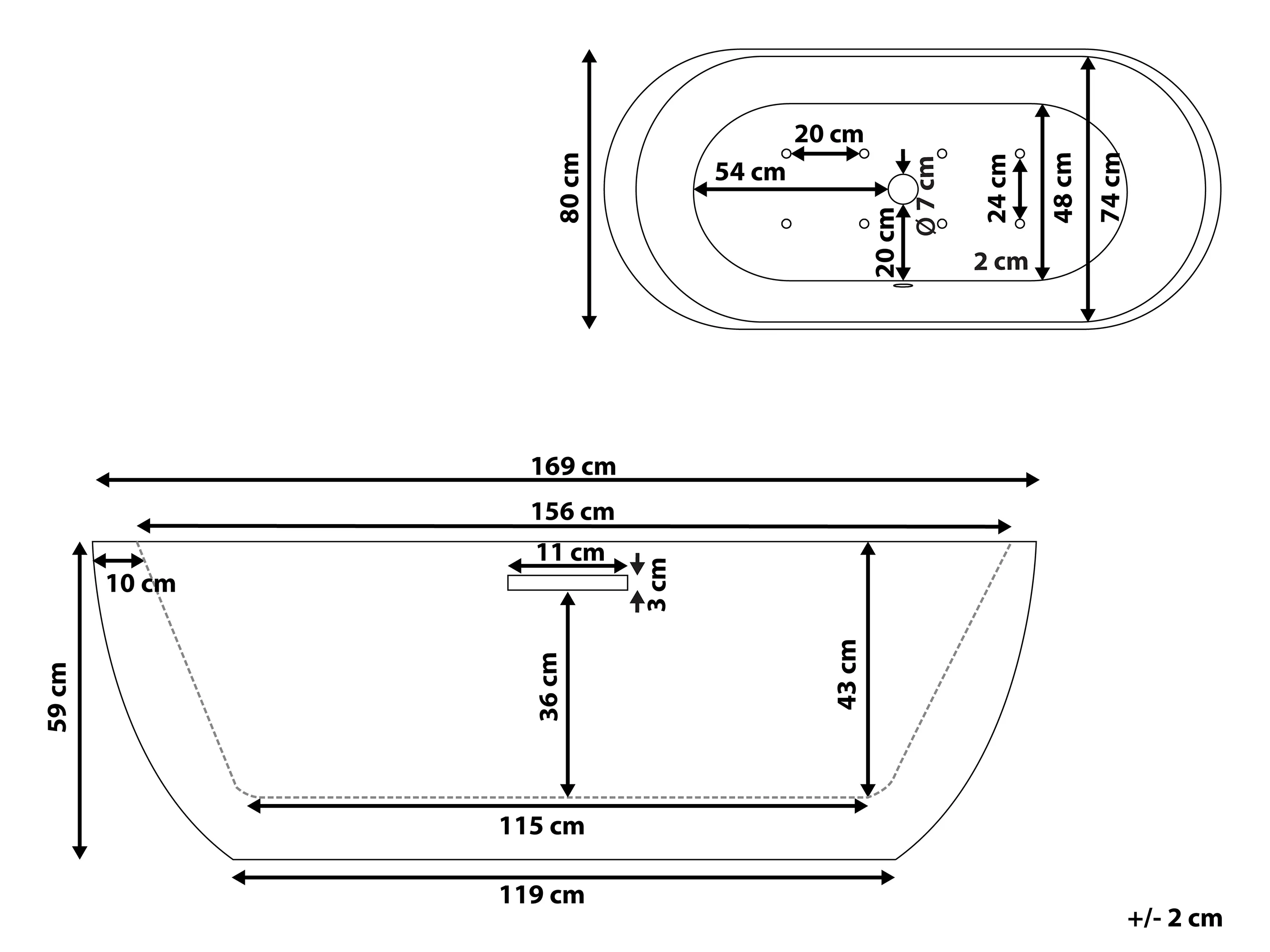 Vrijstaand bubbelbad met LED NEVIS 170 x 80 cm Wit