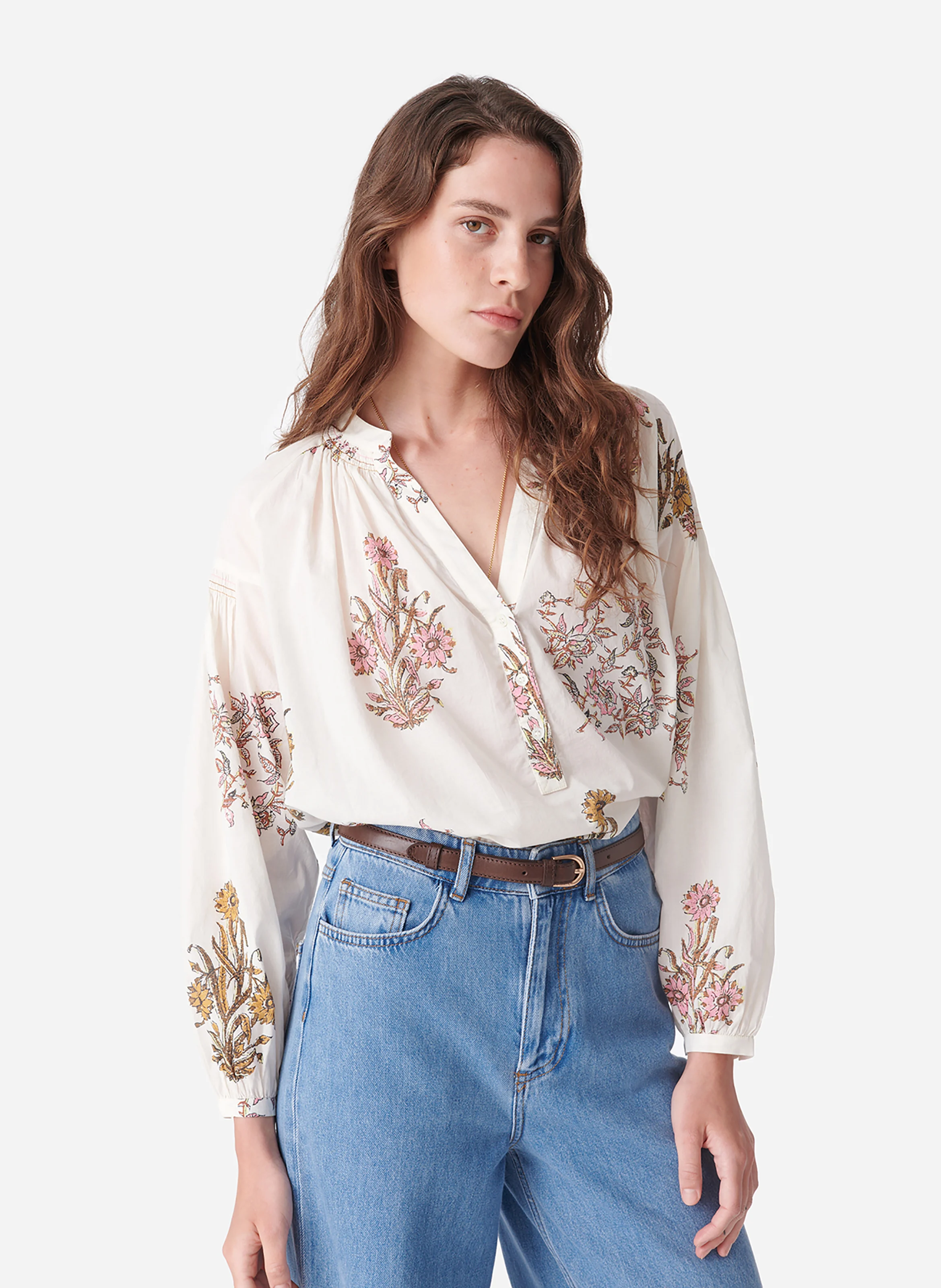 NIPOA - Blouse col V droite en coton imprimé | Blanc