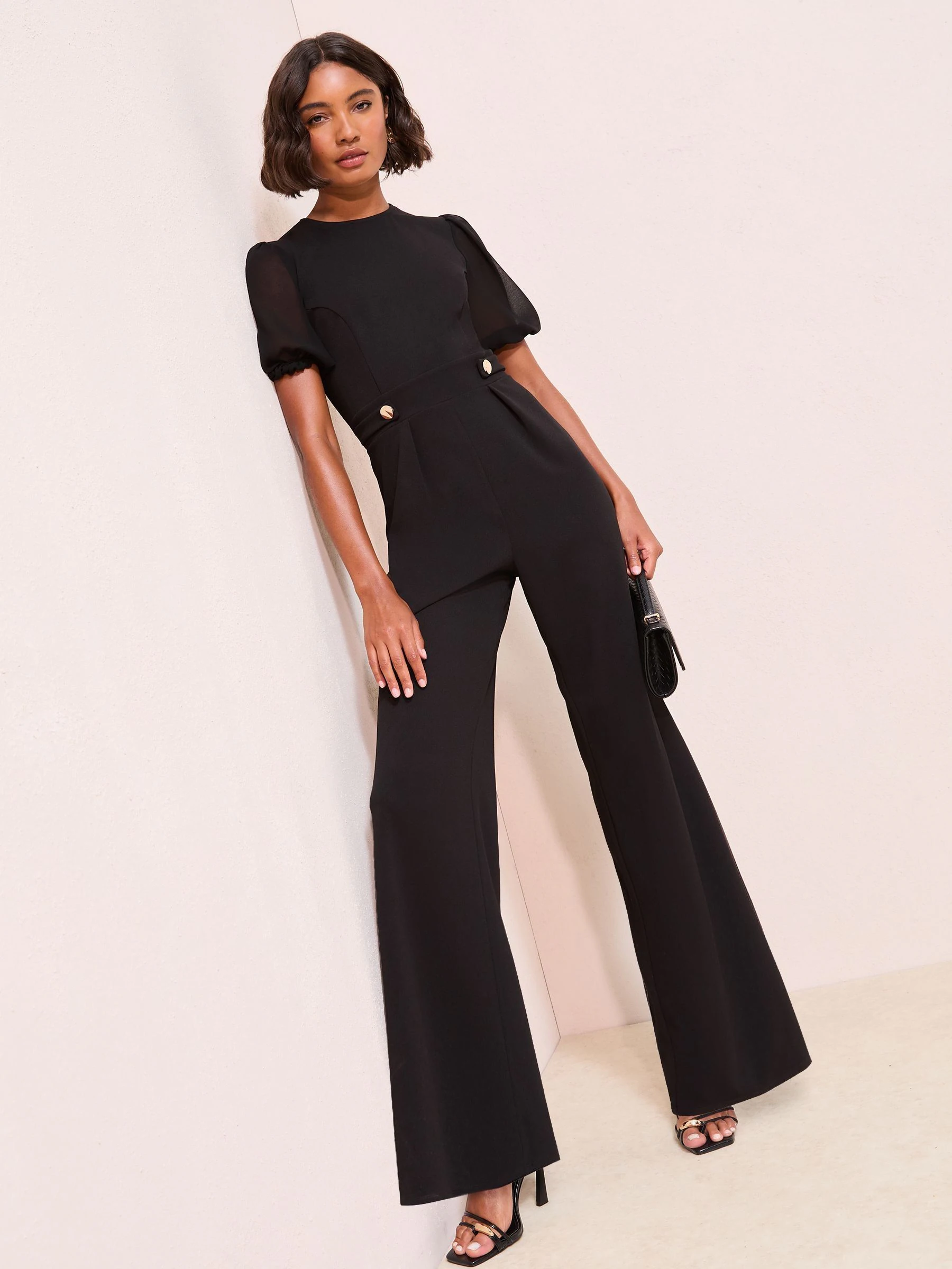 Zwart - Friends Like These Chiffon Sleeve Scuba Button Waist Jumpsuit
