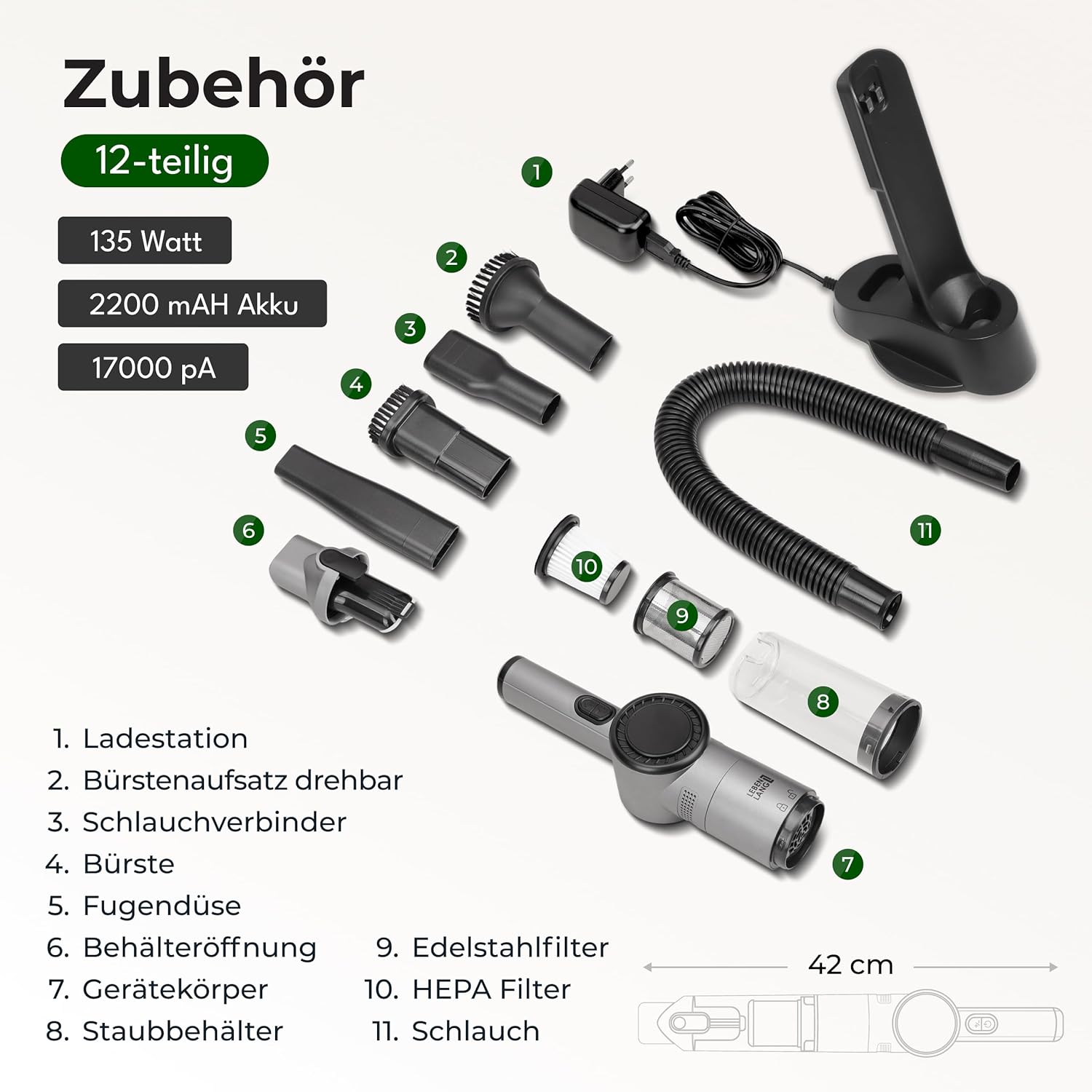 LEBENLANG Handstaubsauger Akku TESTSIEGER - Dual-Filter & Li-Ion I Inkl. Ladestation I 17000PA Handstaubsauger Auto Staubsauger stark Akkusauger kabellos Handsauger Akku Car Autostaubsauger Beutellos