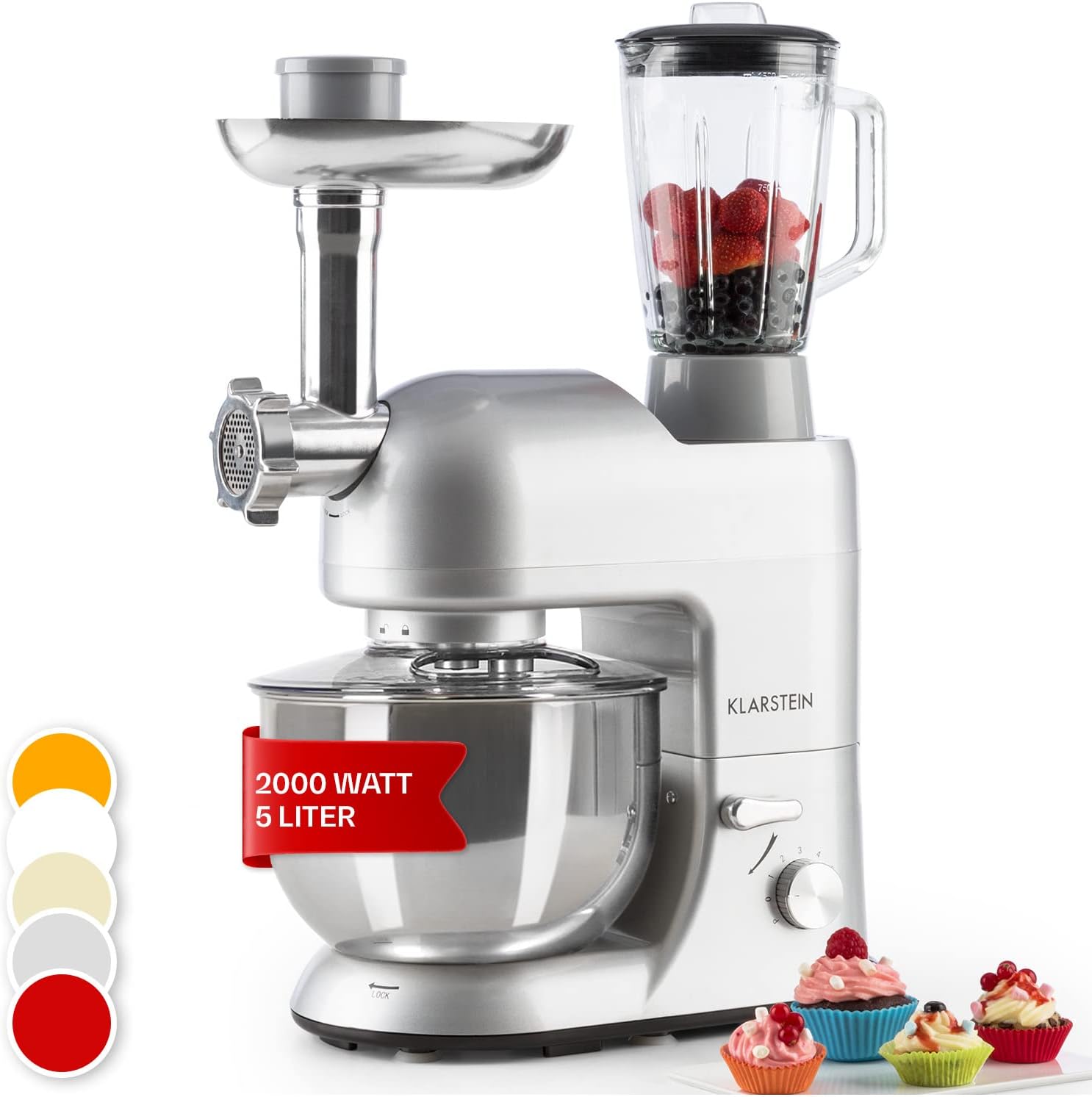 Klarstein Knetmaschine Küchenmaschine mit Fleischwolf, 1800W Teigmaschine Klein, 6 Stufen, Schneebesen Rühr- & Knethaken, Planetenrührwerk, Rührmaschine mit Mixer