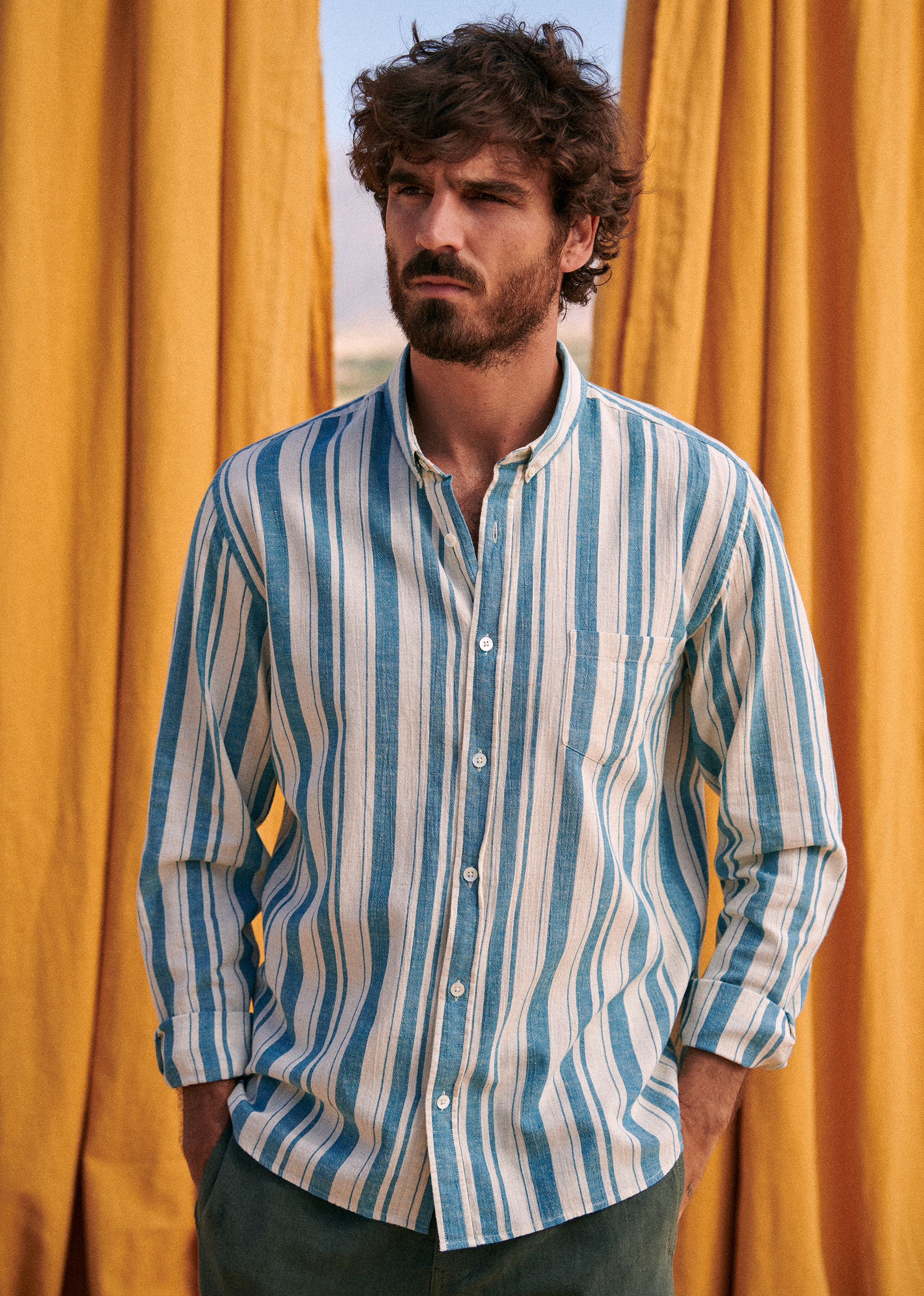 Chemise Charlie Coton Lin - Rayures Écru Turquoise - POUR LUI 5906586