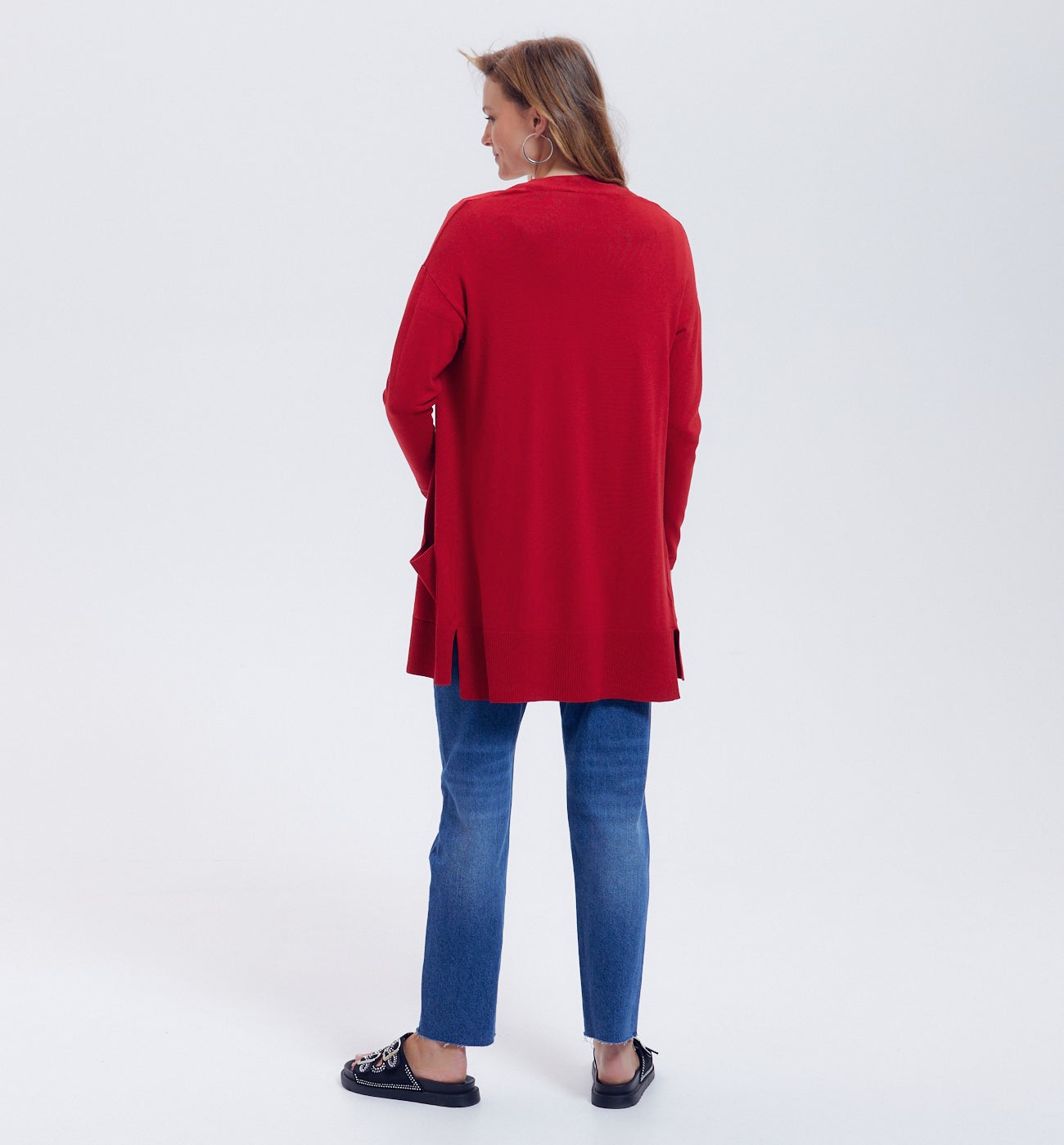 Long gilet en maille fine - Rouge