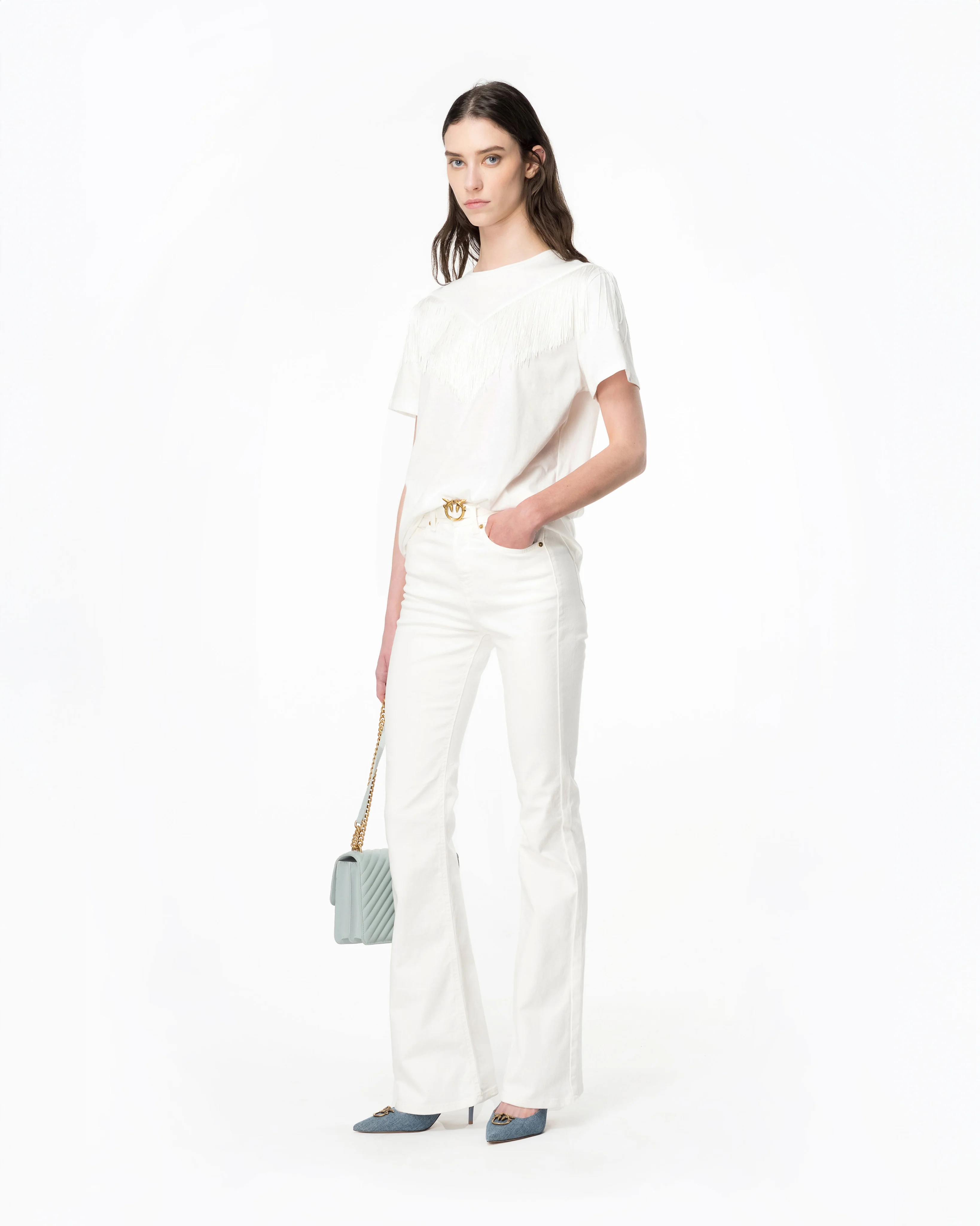 Pantalon flare ceinturé stretch | Blanc
