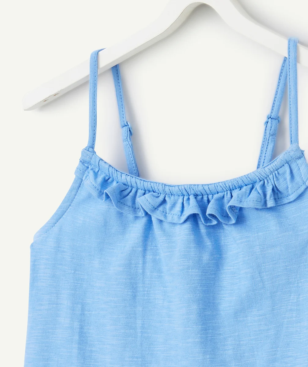 débardeur fille en coton bio bleu avec volants