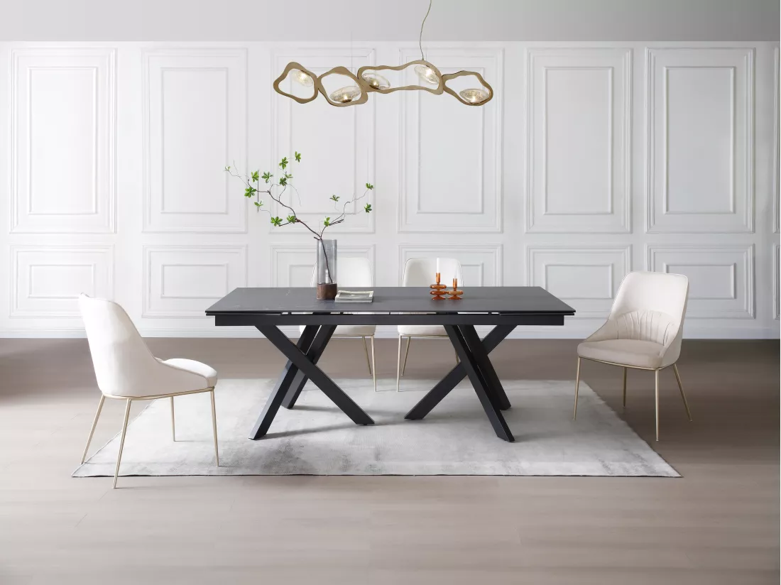 Table à manger extensible 8 à 12 personnes en verre trempé et céramique - Effet marbre noir - MARISO