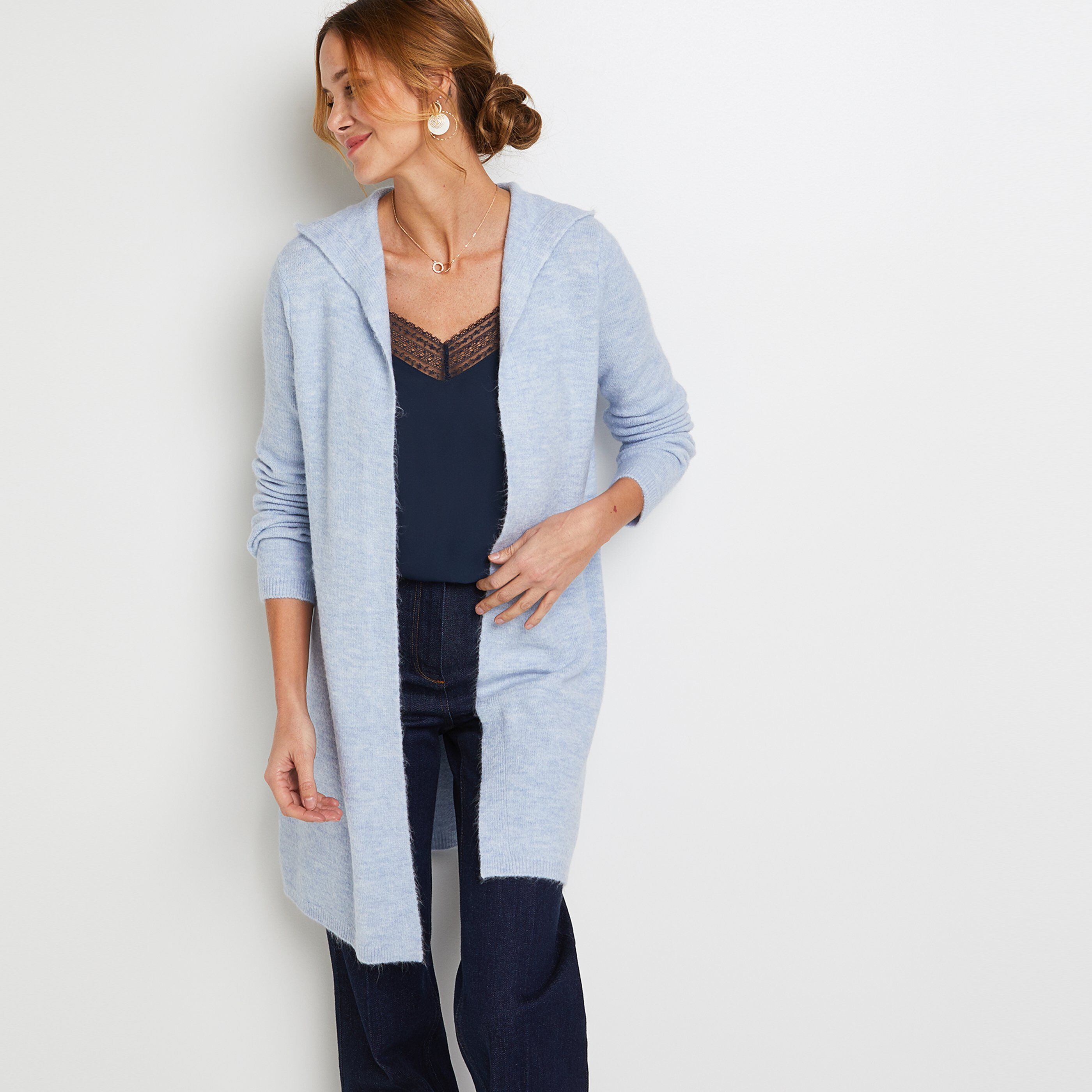 Gilet long à capuche femme - BLEU