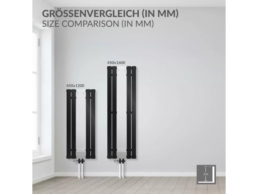 Radiateur plat vertical noir 450x1200 mm avec miroir et kit raccordement au sol