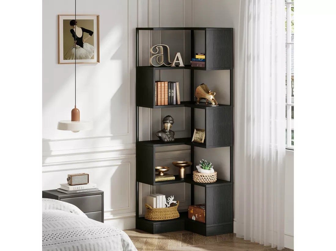 Tribesigns Bibliothèque d'angle 180 cm, bibliothèque sur Pied à 6 Niveaux, Grande étagère d'angle avec Cadre en métal pour Le Salon et Le Bureau à Domicile, Noir