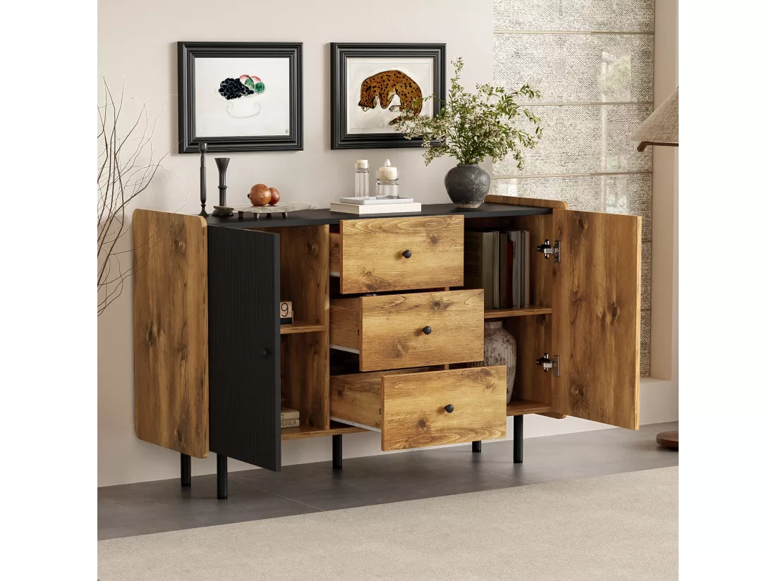 Buffet contemporain - 2 portes et 3 tiroirs - Noir & Naturel