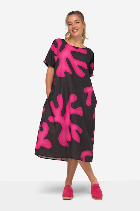 Leinenmix-Kleid, A-Line, Korallen, Rundhals, Halbarm